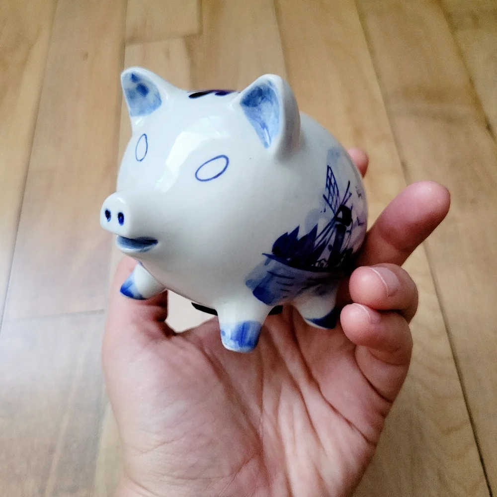 Vintage Handmade Delft Pottery Small Floral & Nautical Ship Dutch Piggy Bank